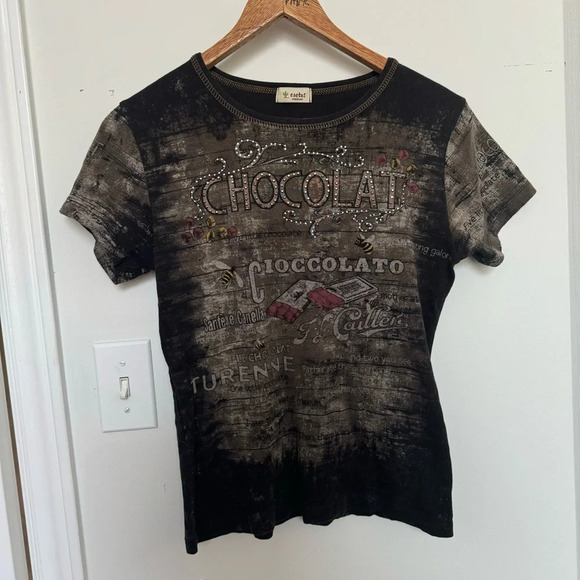 Vintage Y2K chocolate rhinestone  bling tee shirt M - Picture 2 of 5